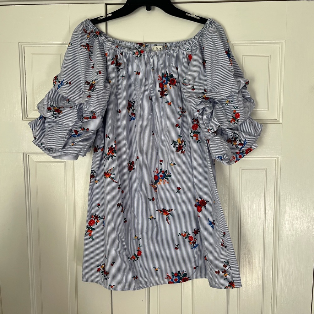 Love J Floral Tunic Shirt Dress Ruched Sleeve Boho Style Size Large